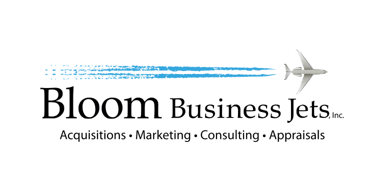 Logo of a jet with jetstream flying over the text, Bloom Business Jets