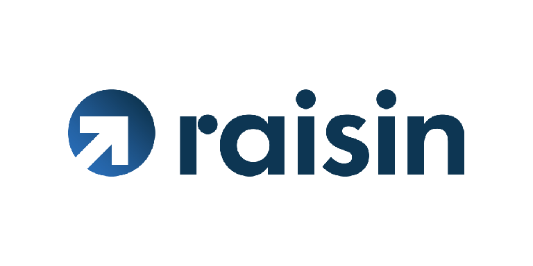 Blue logo that says, Raisin with a small circle with an arrow in it