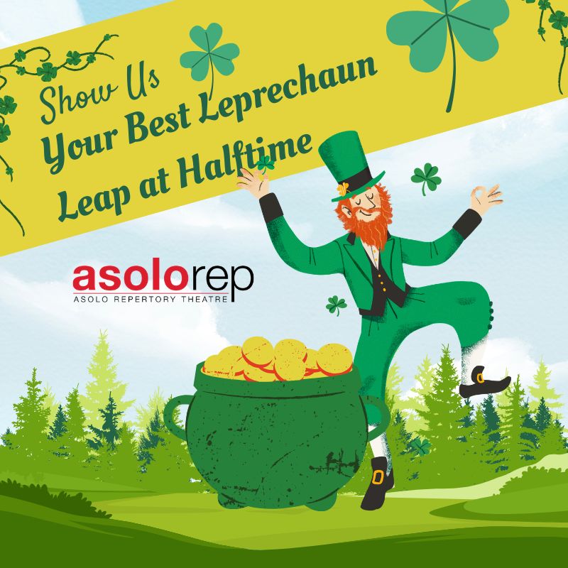 Cartoon image of a Leprechaun jumping over a pot of gold